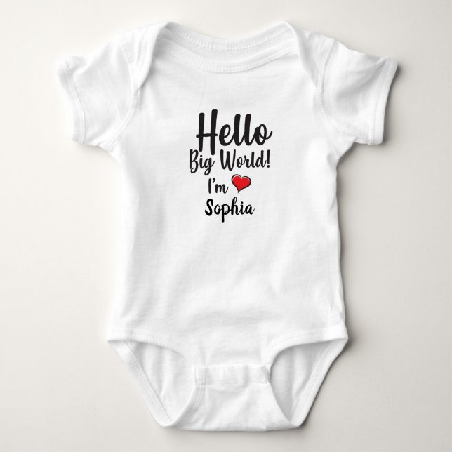 Personalisiert Hallo Big World! Ich bin BABY NAME  Baby Strampler (Vorderseite)