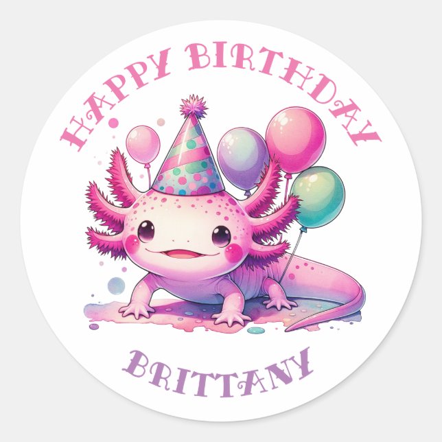 Personalisiert Happy Birthday Axolotl Runder Aufkleber (Vorderseite)