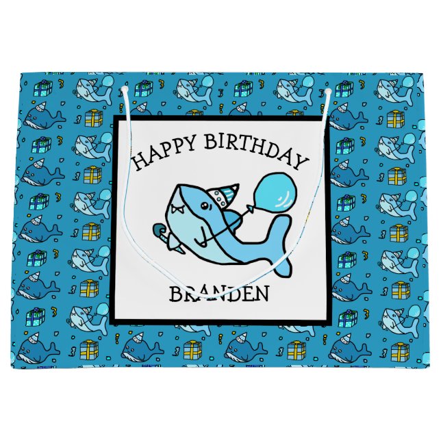 Personalisiert Happy Birthday Blue Baby Shark Große Geschenktüte (Vorderseite)