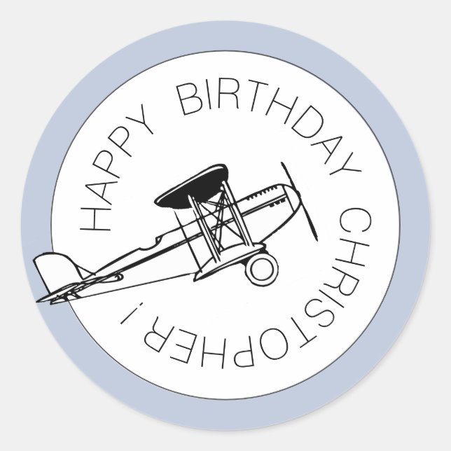 Personalisiert Happy Birthday Boy Flugzeug Party Runder Aufkleber (Vorderseite)