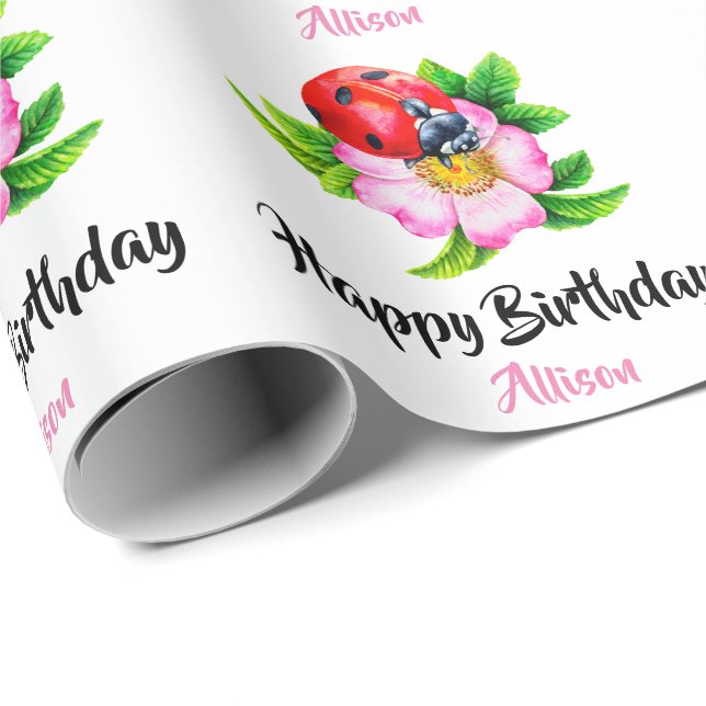 Personalisiert Happy Birthday Floral Ladybug Geschenkpapier (Rolleneckpunkt)