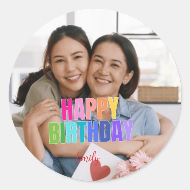 Personalisiert Happy Birthday Foto Name Quotes Runder Aufkleber (Vorderseite)