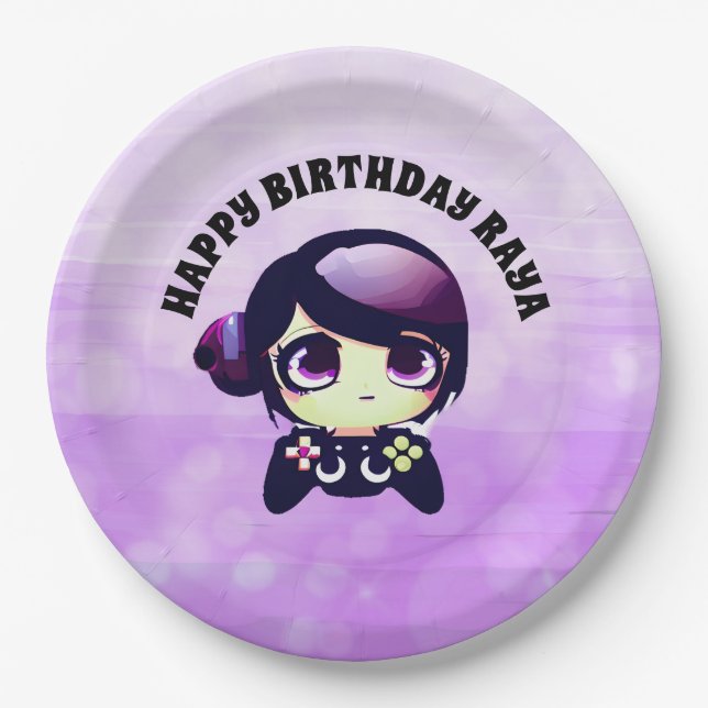 Personalisiert Happy Birthday Gaming Thema Lila Pappteller (Vorderseite)