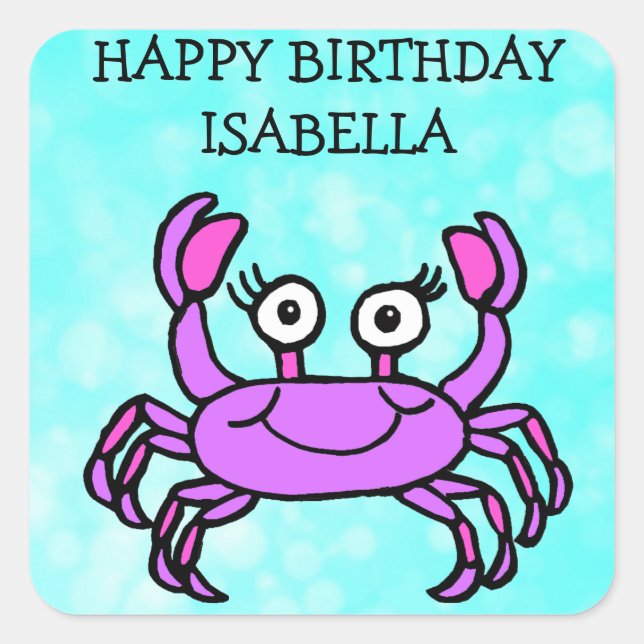 Personalisiert Happy Birthday Lila Crab Quadratischer Aufkleber (Vorderseite)