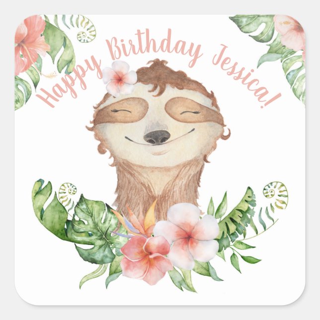 Personalisiert Happy Birthday Mädchenname niedlich Quadratischer Aufkleber (Vorderseite)