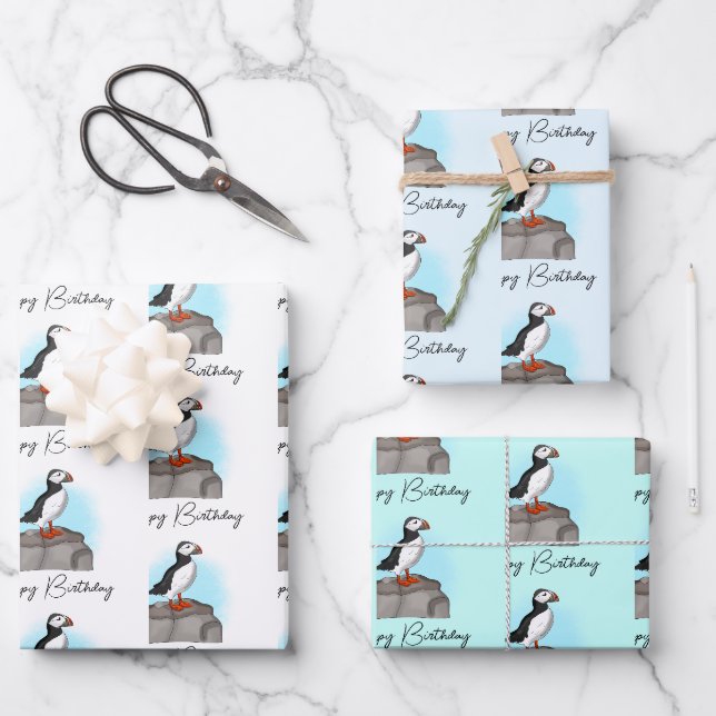 Personalisiert Happy Birthday Puffin Geschenkpapier Set (Vorderseite)