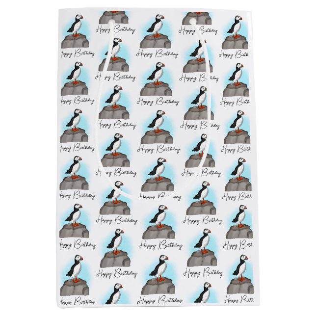 Personalisiert Happy Birthday Puffin Mittlere Geschenktüte (Vorderseite)