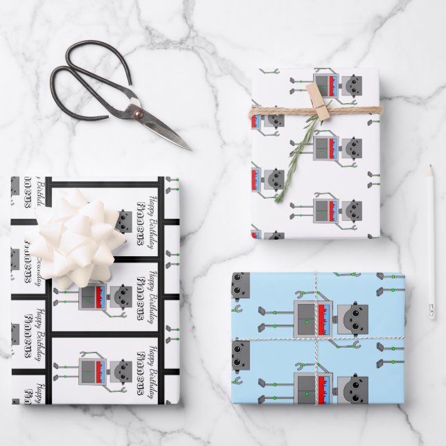 Personalisiert Happy Birthday Robot Themed Geschenkpapier Set (Vorderseite)