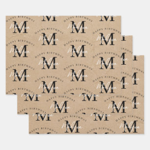 Personalisiert Happy Birthday Rustic Kraft Monogra Geschenkpapier Set