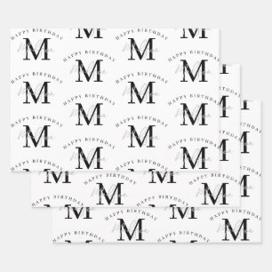 Personalisiert Happy Birthday Schwarz-weiß Monogra Geschenkpapier Set