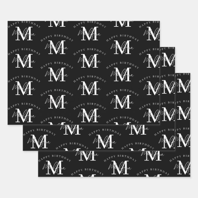 Personalisiert Happy Birthday Schwarz-weiß Monogra Geschenkpapier Set (Set)