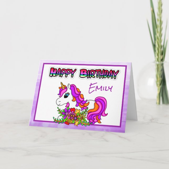 Personalisiert Happy Birthday Unicorn Girl Karte (Vorderseite)