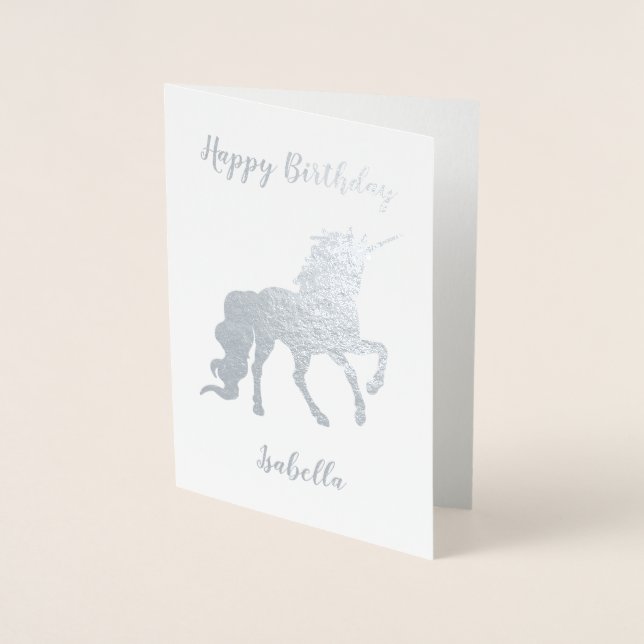 Personalisiert Happy Birthday Unicorn Silver Folienkarte (Vorderseite)