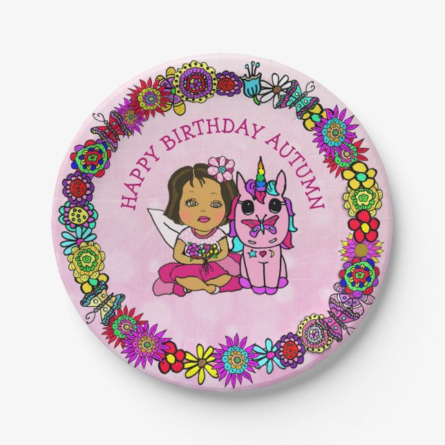 Personalisiert Happy Birthday Unicorn und Fairy Pappteller (Vorderseite)