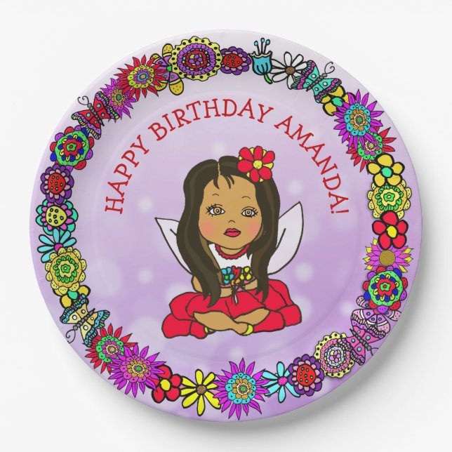 Personalisiert Happy Birthday Unicorn und Fairy Pappteller (Vorderseite)