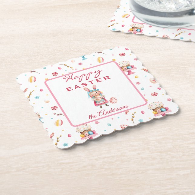 Personalisiert Happy Easter 4" skallopiert Untersetzer (angewinkelt)