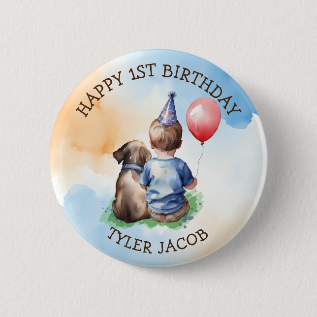 Personalisiert Happy Geburtstag | Baby und Welpe Button (Vorderseite)
