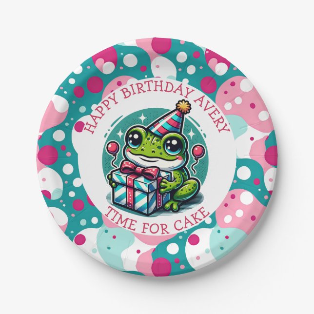 Personalisiert Happy Geburtstag | Frog Themed Pappteller (Vorderseite)