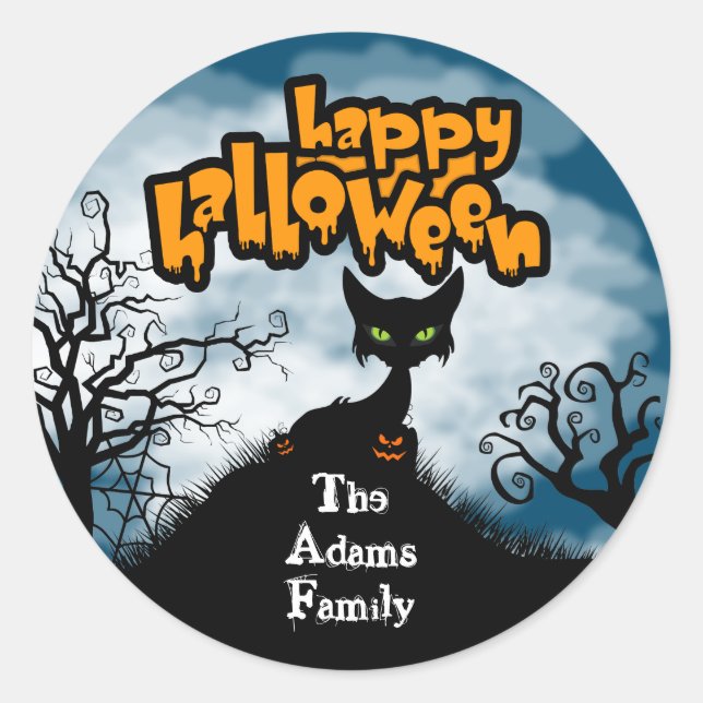 Personalisiert Happy Halloween Spooky Cat Runder Aufkleber (Vorderseite)