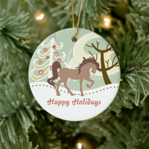 Personalisiert Happy Holidays Brown Horse Winter Keramikornament