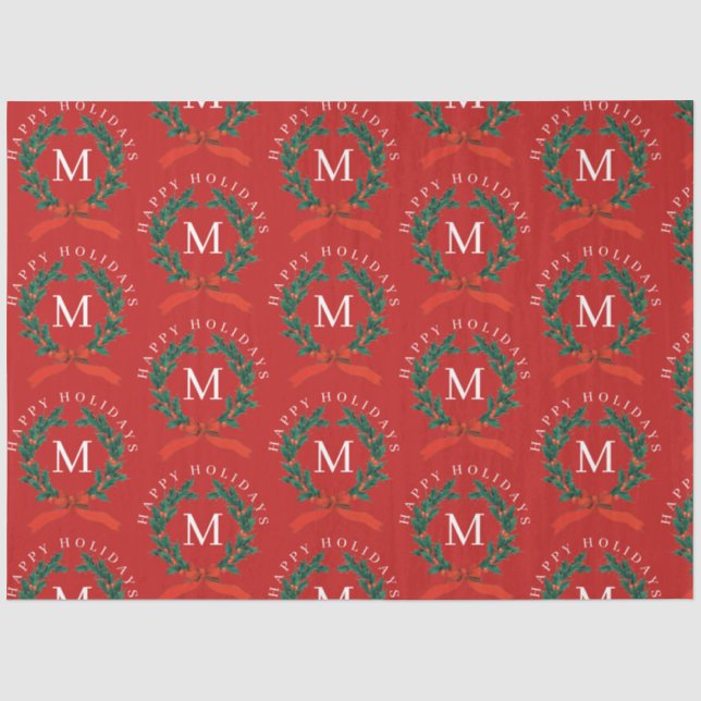 Personalisiert Happy Holidays Red Monogram Wreath Seidenpapier (Vorderseite)