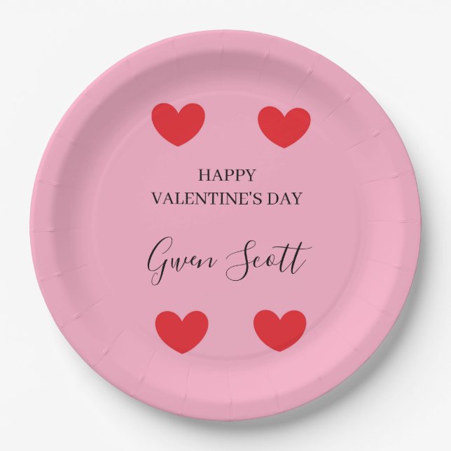 Personalisiert Happy Valentine's red heart pink Pappteller (Vorderseite)