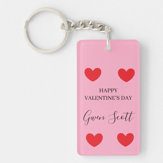 Personalisiert Happy Valentine's red heart pink Schlüsselanhänger (Vorderseite)