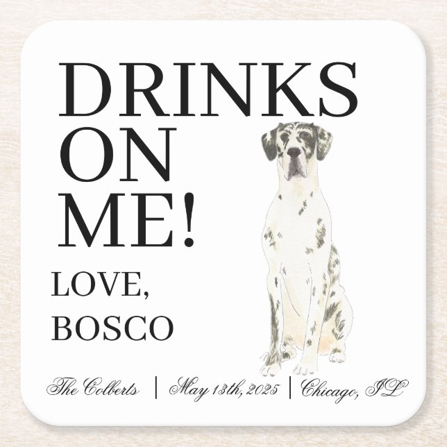 Personalisiert Harlequin Great Dane Wedding Rechteckiger Pappuntersetzer (Vorderseite)