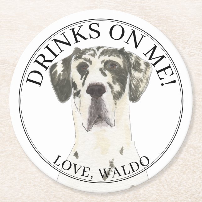Personalisiert Harlequin Great Dane Wedding Runder Pappuntersetzer (Vorderseite)