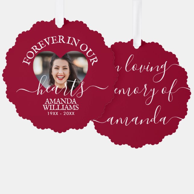 Personalisiert Heart Foto Memorial Script Ornament Karte (Vorderseite/Rückseite)