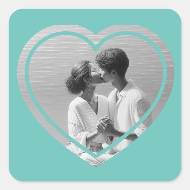 Personalisiert herz-förmige Foto-Hochzeit Quadratischer Aufkleber (Vorderseite)