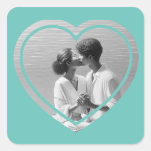 Personalisiert herz-förmige Foto-Hochzeit Quadratischer Aufkleber