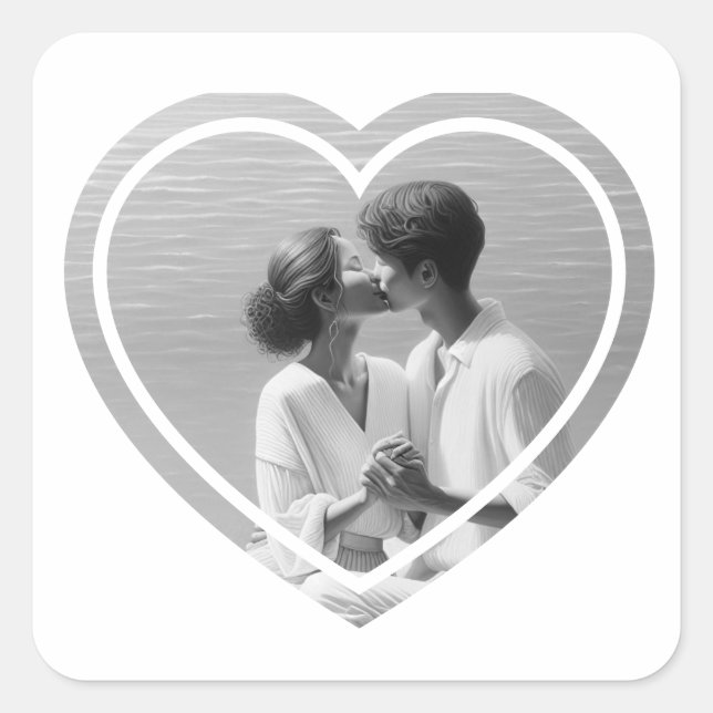 Personalisiert herz-förmige Foto-Hochzeit Quadratischer Aufkleber (Vorderseite)