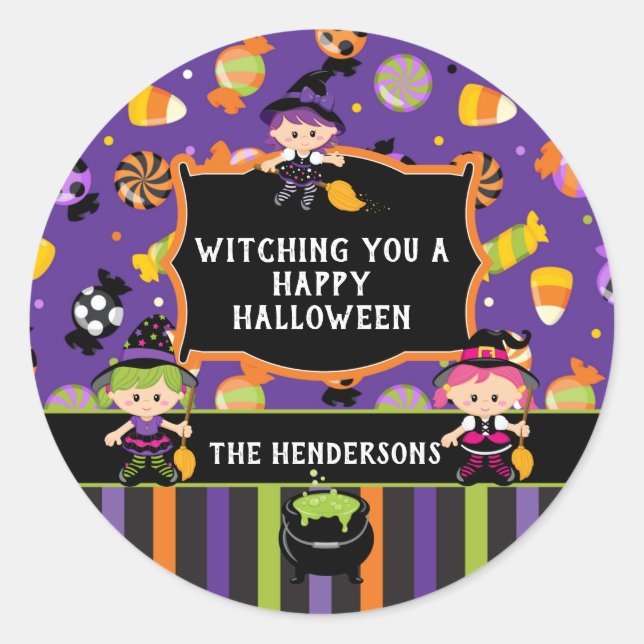 Personalisiert Hexe Happy Halloween Runder Aufkleber (Vorderseite)