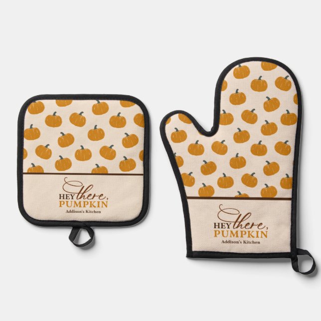 Personalisiert Hey Da Pumpkin Schürze Ofenhandschuh & Topflappen-Set (Vorderseite)