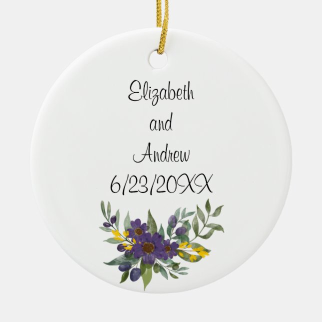 Personalisiert Hochzeitstag Lila Gelbe Blüte Keramik Ornament (Vorne)