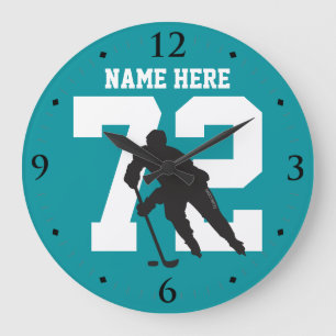 Personalisiert Hockey Player Name Number Shark Aqu Große Wanduhr