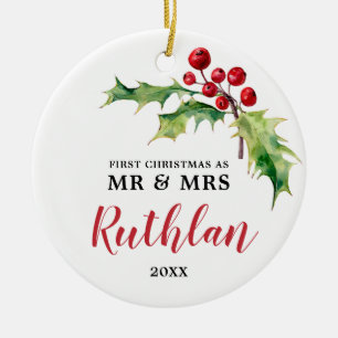 Personalisiert Holly Berry Greenery Newlyweds Cust Keramik Ornament