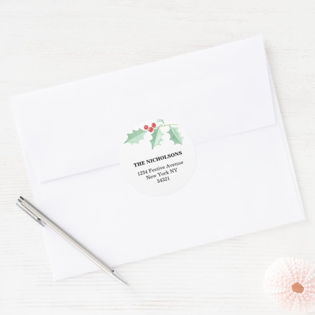 Personalisiert Holly Christmas Address Runder Aufkleber (Umschlag)
