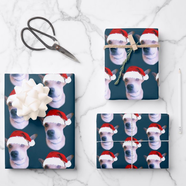 Personalisiert Hunde Foto Blauer Weihnachten Geschenkpapier Set (Vorderseite)