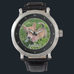 Personalisiert Hunde Foto Monogram Moderner Hausbe Armbanduhr<br><div class="desc">Personalisieren Sie mit dem Foto Ihres eigenen Hundes auf dieser niedlichen,  modernen Haustierbesitzeruhr und passen Sie mit ihrem Namen unten an. Eine schöne Armbanduhr für Hunde oder Katzenbesitzer,  um ihre Liebe zu verewigen. Schwarz mit weißen Zahlen.</div>