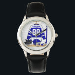 Personalisiert Ice Hockey Jersey Armbanduhr<br><div class="desc">Wir können dieses Design in jeder Farbkombination erstellen, kontaktieren Sie uns einfach über den Shop-Link. Personalisiertes Eishockey Jersey in blau weiß hängt in einem Umkleideraum mit Helm, Skaten und Hockey-Stick Kann voll personalisiert sein mit der Anzahl und dem Namen Ihrer Wahl, um ein tolles Geschenk für jeden Eishockey-Fan oder Spieler...</div>