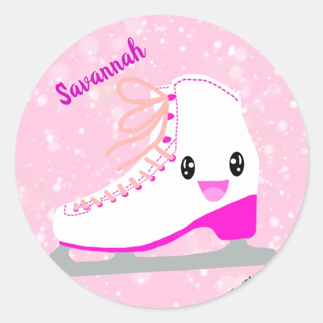 Personalisiert Ice Skaten Pink Kawaii Abbildung Sk Runder Aufkleber (Vorderseite)