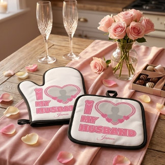 Personalisiert Ich liebe meinen Mann – Foto & Name Ofenhandschuh & Topflappen-Set