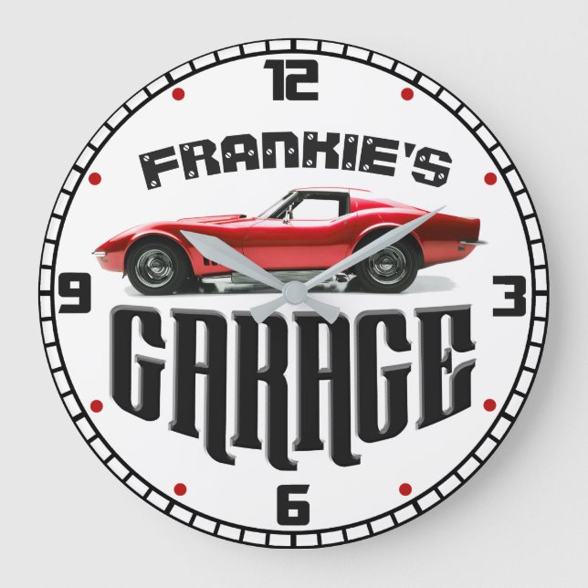 Personalisiert IHRER NAME Chevy Corvette Autogarag Große Wanduhr (Vorderseite)