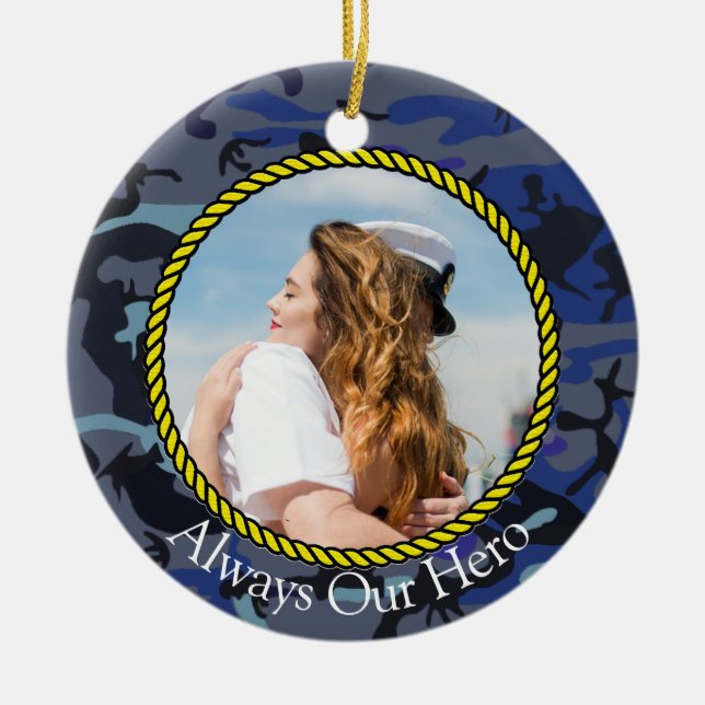 Personalisiert immer mein Held Navy Camouflage Fot Keramik Ornament (Vorne)