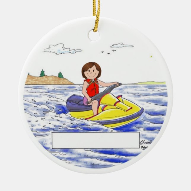 Personalisiert Jet Skier - Weibliche, braune Haare Keramik Ornament (Vorne)