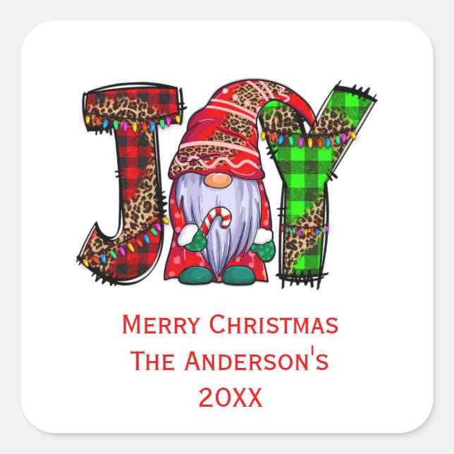 Personalisiert Joy Gnomes Frohe Weihnachten Quadratischer Aufkleber (Vorderseite)