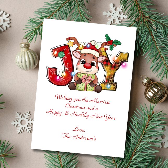 Personalisiert Joy Reindeer Weihnachtskarte Feiertagskarte (Joy with Reindeer Personalized Christmas Card. Add your wording. Printed or Digital instant download)