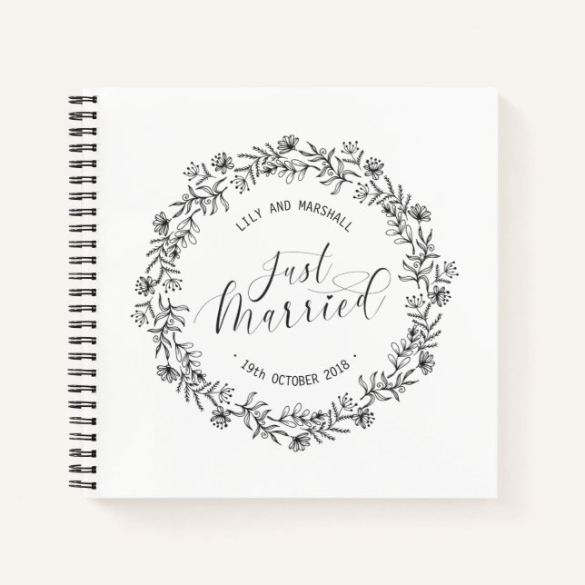 Personalisiert Just Married Floral | Gästebuch Notizbuch (Vorderseite)